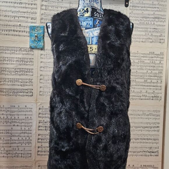Vintage Hollywood Fur Vest Reversible Animal Print Black Brass Gold - Picture 3 of 12